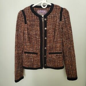 Free People Women Size 4 Tweed Jacket Full Zip Pockets Casual Career Brown Black
